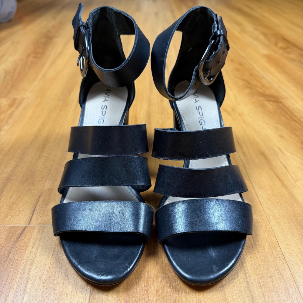 Via Spiga Womens Black Leather Strappy Block Heel Sandals Ankle Strap Size 6M